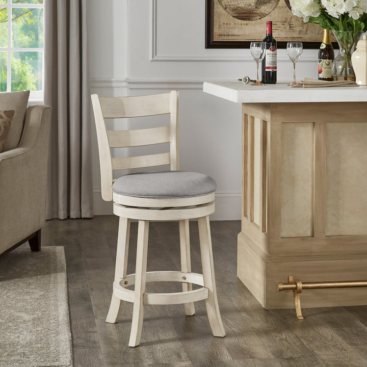 Ladder Back 24"H Swivel Counter Height Stool - Antique White Finish, Grey Linen