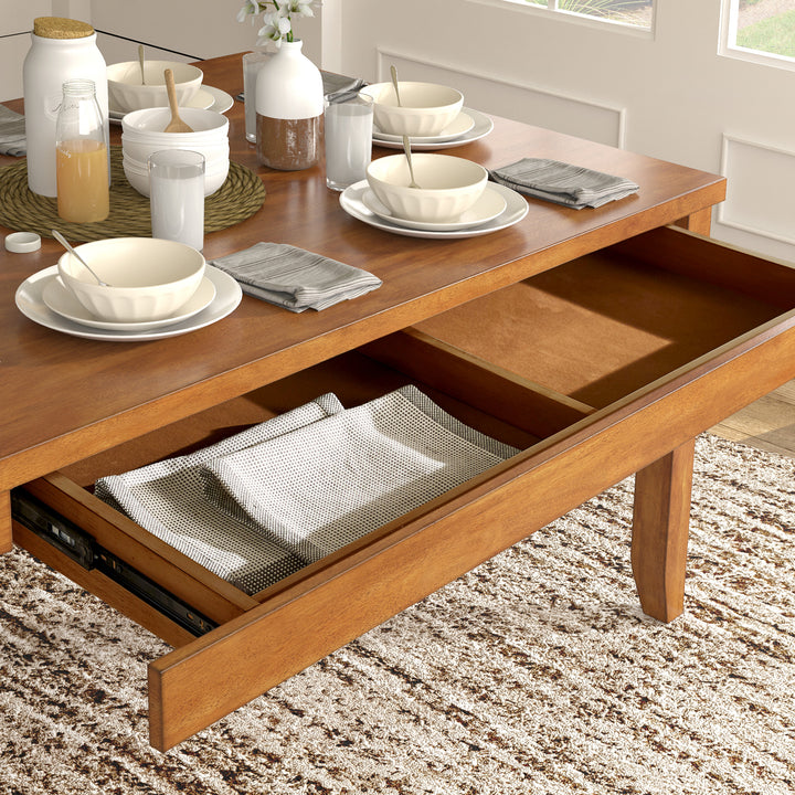 Solid Wood Rectangular Dining Table with Two Drawers - Oak Finish