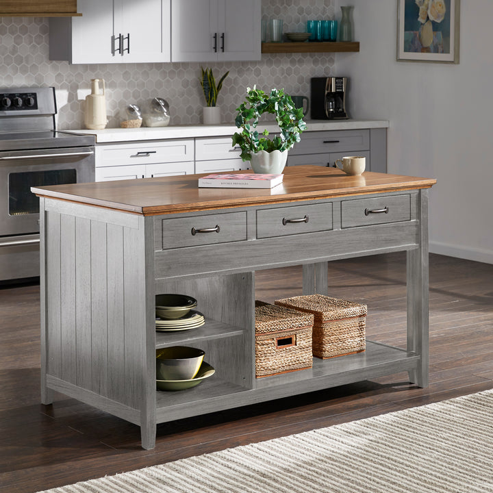 Two-Tone Antique Finish Extendable Kitchen Island with 3 Drawers - Oak Finish Top with Antique Grey Base