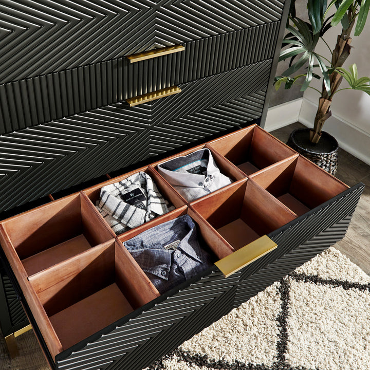 36" Wide 6 - Drawer Chest - Black Finish, Gold Accent
