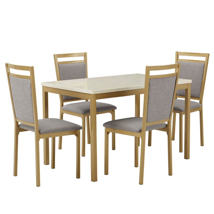 Faux Marble Top 5-Piece Dining Set - White Faux Marble, Grey Fabric