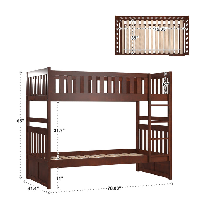 Dark Cherry Finish Kids' Bunk Bed - Twin over Twin, Bunk Bed Only