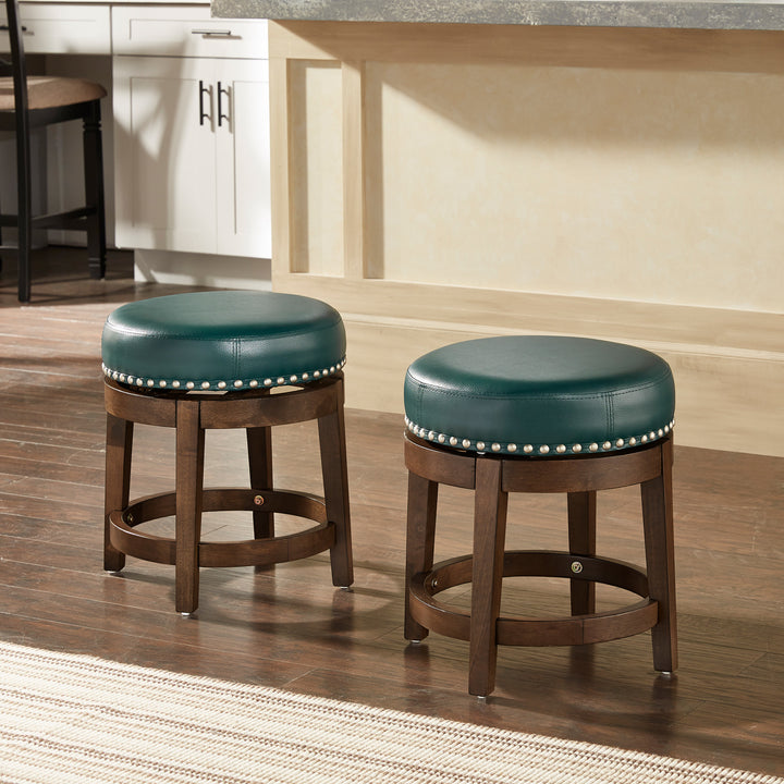 Set Of 2, Brown Finish Green Pu 18" Swivel Stool - Green Faux Leather, Dining Height - Green Faux Leather, Dining Height