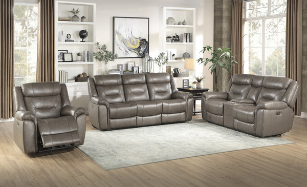 Power Double Reclining Loveseat with Console, Power Headrests & Usb Ports, Brownish Grey Top Grain Leather Match Pvc