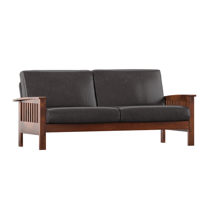 Mission-Style Wood Sofa - Dark Brown Faux Leather, Oak Finish