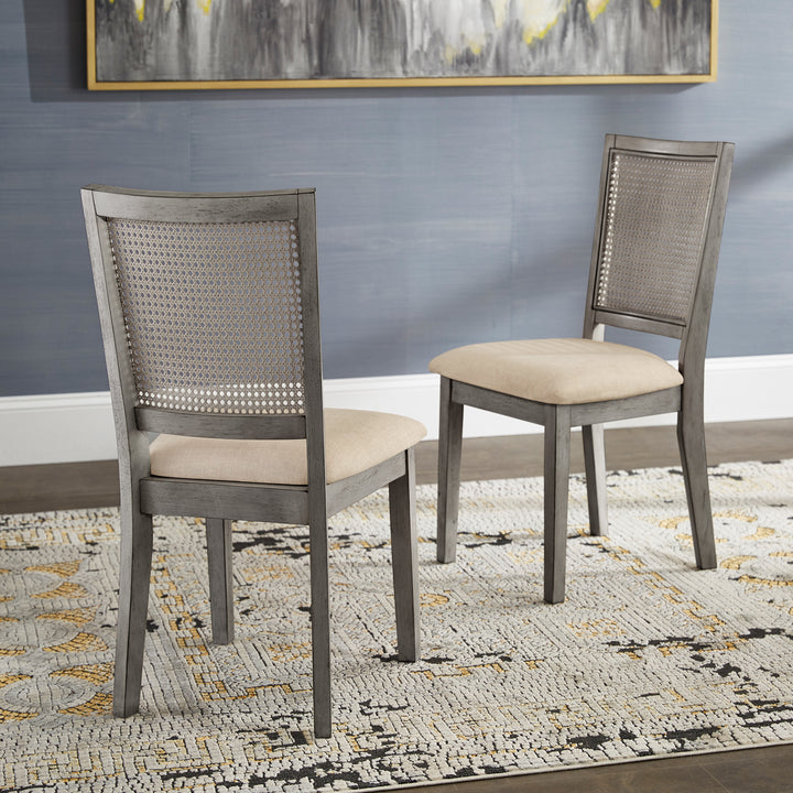 Beige Linen Rattan Back Dining Chairs (Set of 2) - Antique Grey Finish