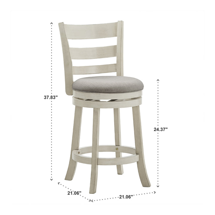 Ladder Back 24"H Swivel Counter Height Stool - Antique White Finish, Grey Linen