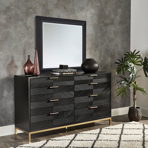 64" Wide 8 - Drawer Dresser - Black Finish, Gold Accent, Dresser and Mirror
