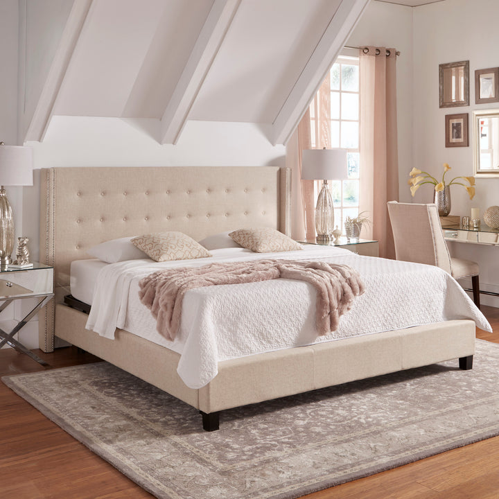 Nailhead Wingback Tufted Upholstered Platform Bed - Beige Linen, King Size