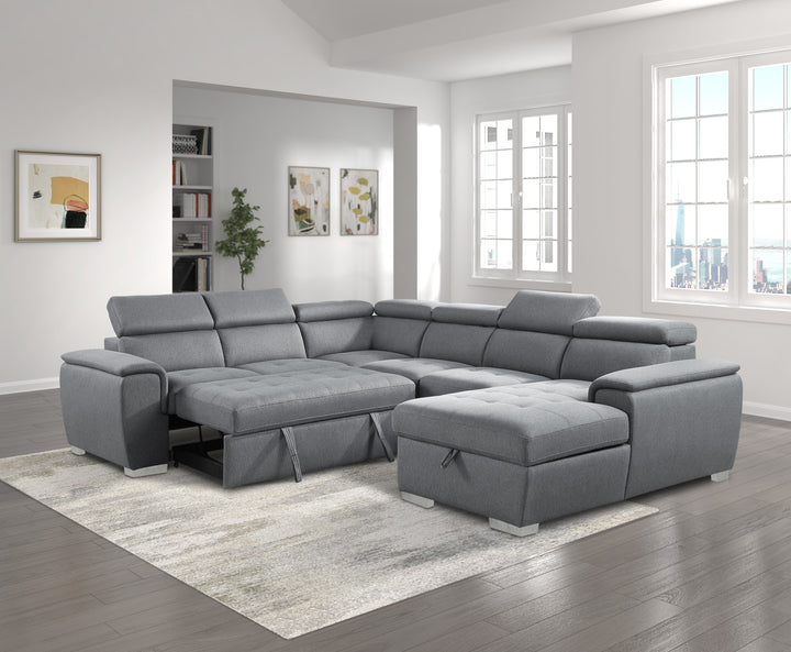 4-Piece Sectional with Adjustable Headrests, Pull-out Bed and Right Chaise with Hidden Storage