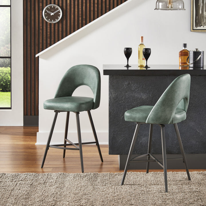 Metal Swivel Stools (Set of 2) - Teal PU Leather, 24" Counter Height