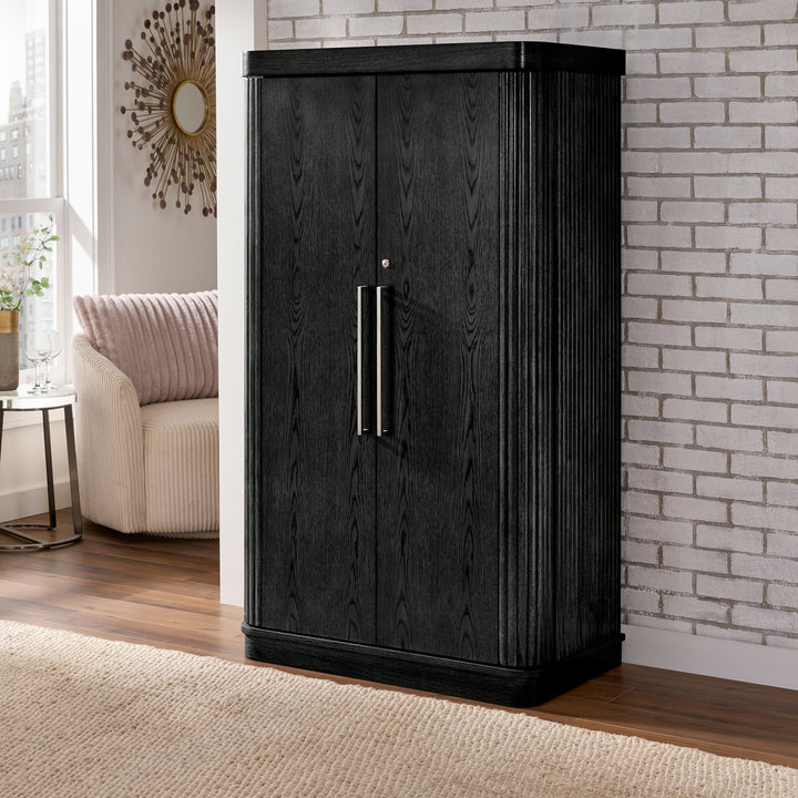 Bar Wine Storage Cabinet with Keys and LED Lights - Black Oak Finish
