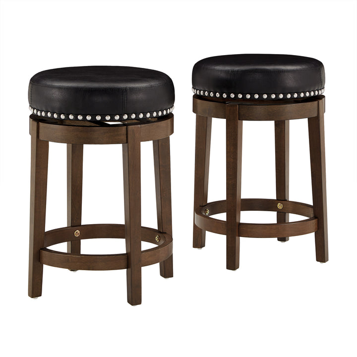 Set Of 2, Brown Finish Black Pu 24" Swivel Counter Height Stool - Black Faux Leather, Counter Height - Black Faux Leather, Counter Height