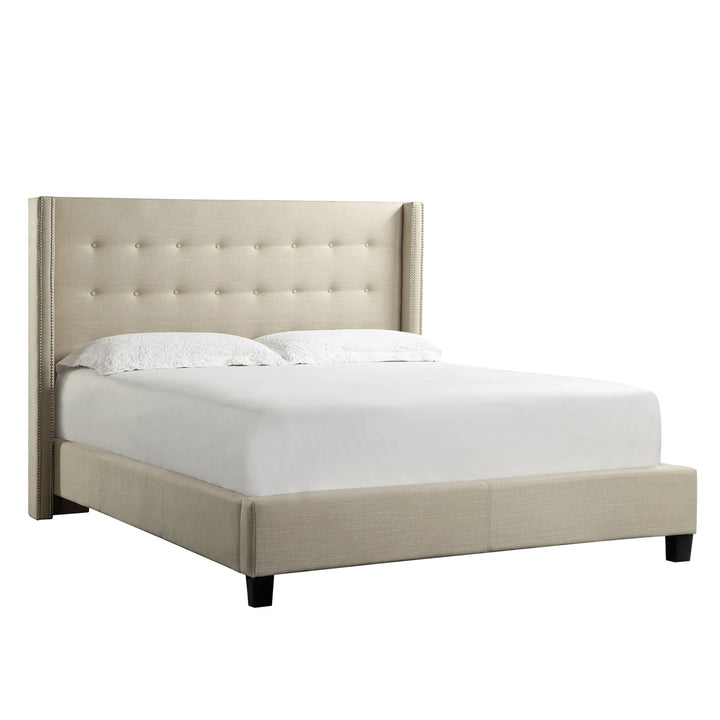 Nailhead Wingback Tufted Upholstered Bed - Beige Linen, Queen