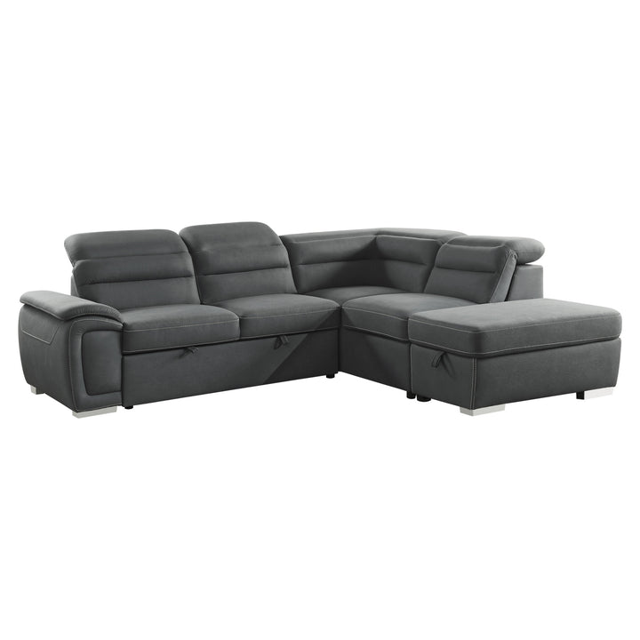 3-Piece Sectional with Adjustable Headrests, Pull-out Bed and Right Chaise with Storage Ottoman