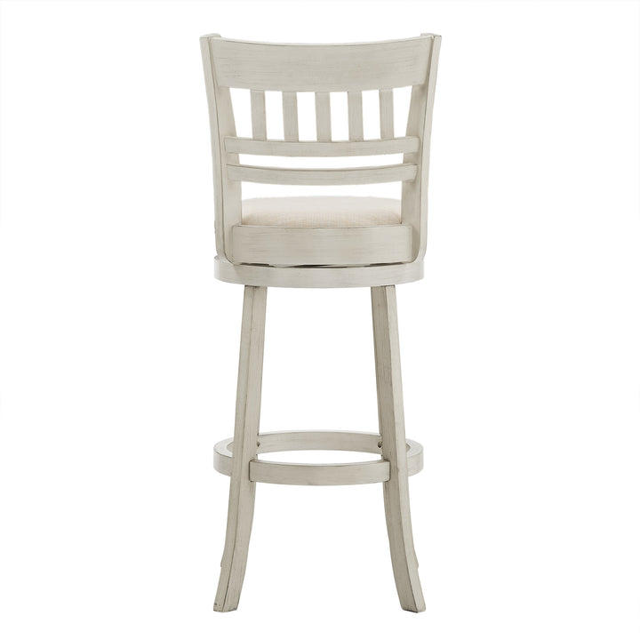 Lattice Back 29"H Swivel Bar Stool - Antique White Finish, Beige Linen