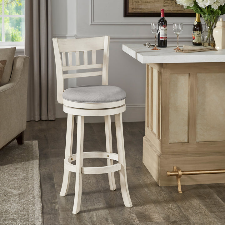 Lattice Back 29"H Swivel Bar Stool - Antique White Finish, Grey Linen