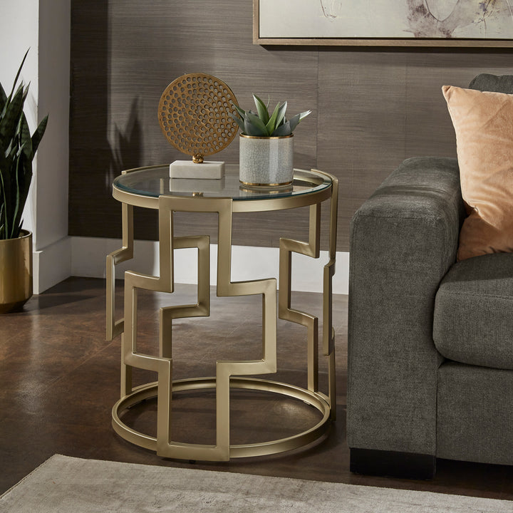 23" Tall Glass End Table - Matte Gold Finish, Clear Glass Top