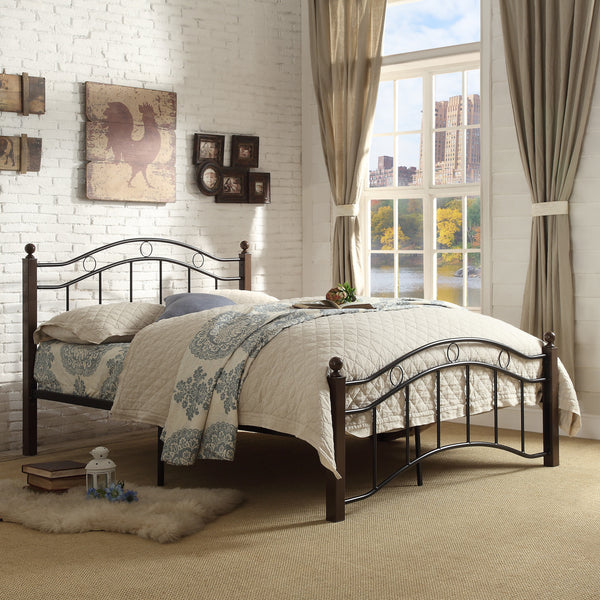 Averny Black Metal Full Platform Bed with Brown Posts