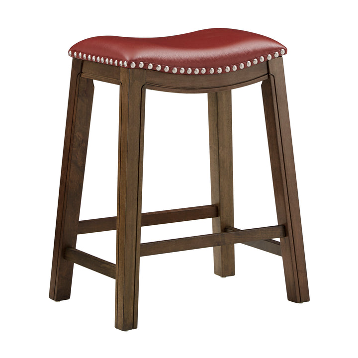 Brown Finish Red Pu 24" Counter Height Stool - Red Faux Leather, Counter Height - Red Faux Leather, Counter Height