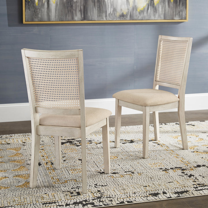 Beige Linen Rattan Back Dining Chairs (Set of 2) - Antique White Finish