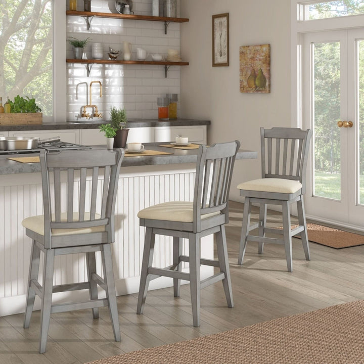 Slat Back Bar Height Wood Swivel Bar Stool - Antique Grey Finish