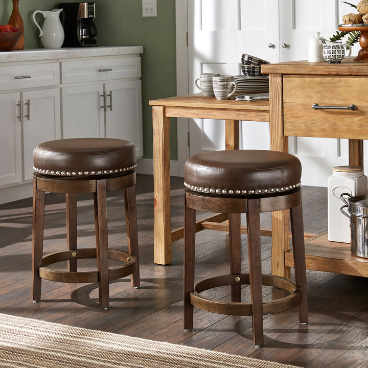 Set Of 2, Brown Finish Brown Pu 24" Swivel Counter Height Stool - Brown Faux Leather, Counter Height - Brown Faux Leather, Counter Height