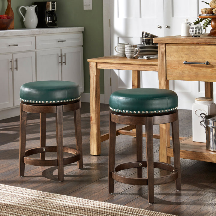 Set Of 2, Brown Finish Green Pu 24" Swivel Counter Height Stool - Green Faux Leather, Counter Height - Green Faux Leather, Counter Height