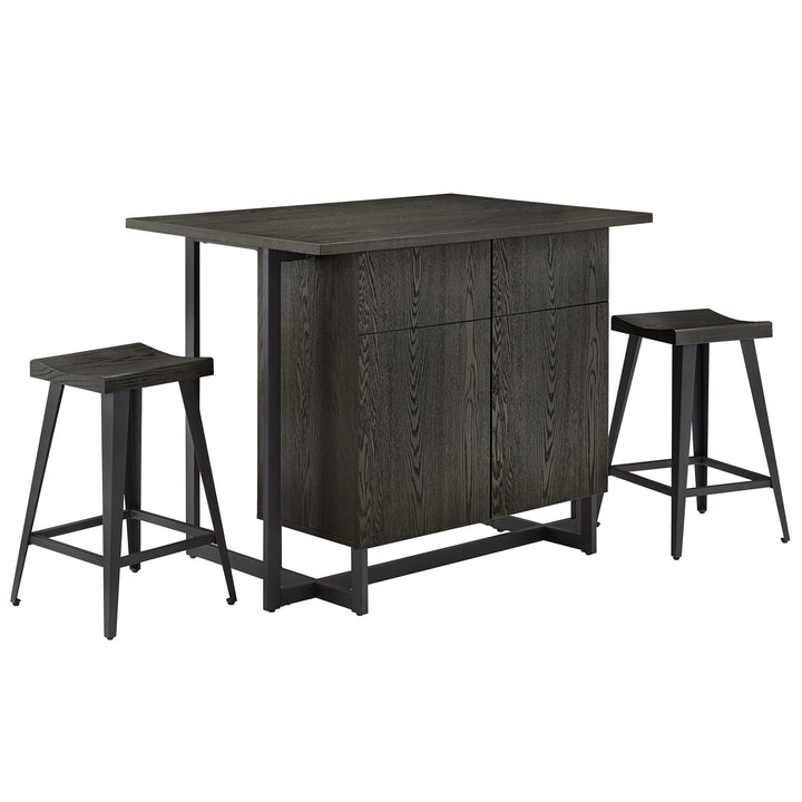 Black Finish 2-door Kitchen Island with Power and USB outlets and 2 Stools