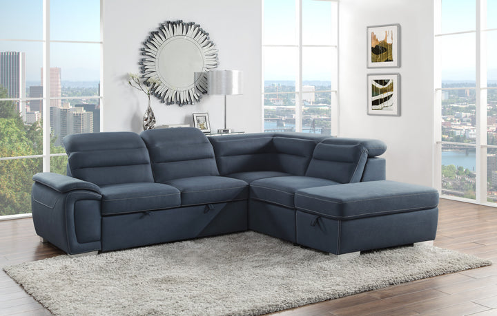 3-Piece Sectional with Adjustable Headrests, Pull-out Bed and Right Chaise with Storage Ottoman