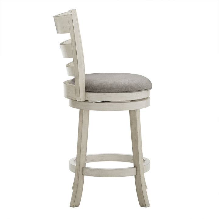Ladder Back 24"H Swivel Counter Height Stool - Antique White Finish, Grey Linen