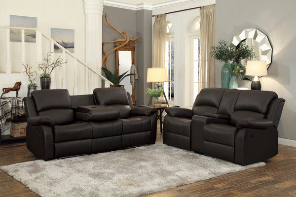 Dark Brown Pu Double Reclining Sofa with Center Drop Down Cup-Holders