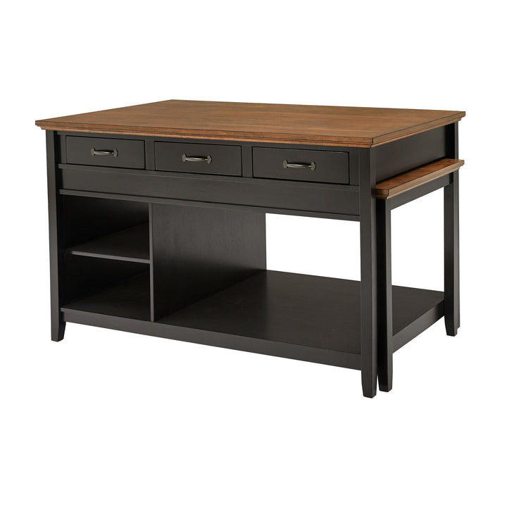 Two-Tone Antique Finish Extendable Kitchen Island with 3 Drawers - Oak Finish Top with Antique Black Base