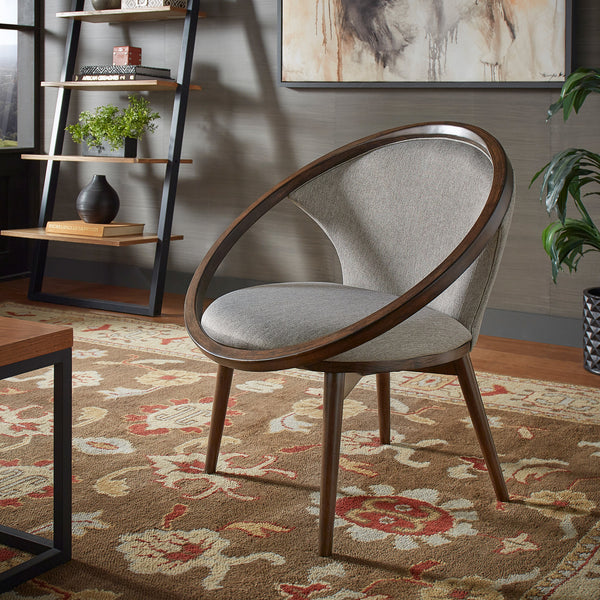32" Wide Fabric Upholstered Accent Barrel Chair - Walnut Finish, Grey Herringbone Fabric