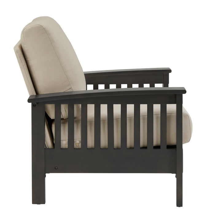 Mission-Style Wood Accent Chair with Ottoman - Beige Linen, Dark Gray Finish