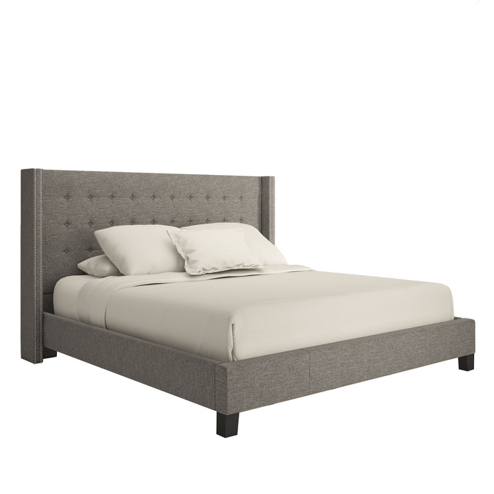 Nailhead Wingback Tufted Upholstered Bed - Grey Linen, King