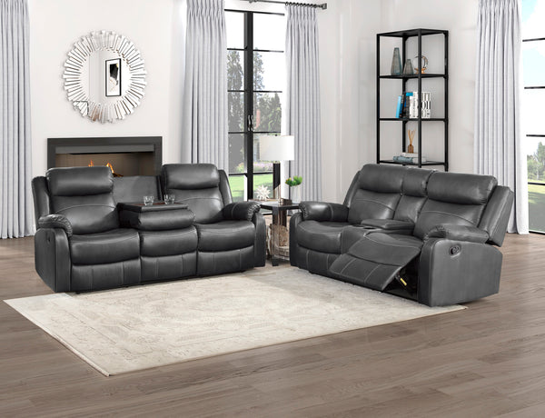 Double Lay Flat Reclining Sofa With Drop Down Cup Holders, Dark Grey Polished Microfiber
