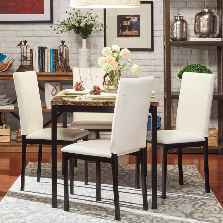 Faux Marble Top 5-Piece Dining Set - Brown Faux Marble, White Faux Leather