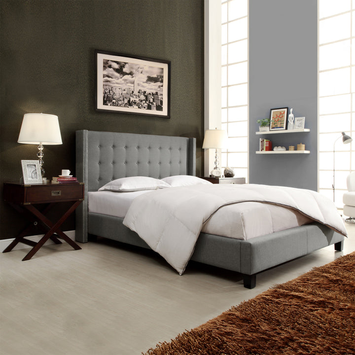 Nailhead Wingback Tufted Upholstered Bed - Grey Linen, Queen