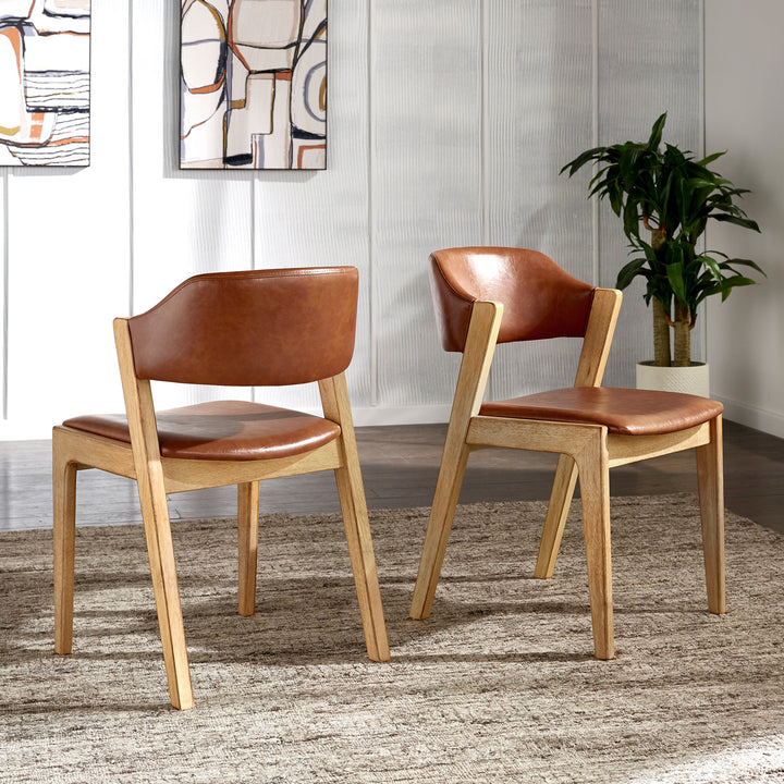 Modern Scandinavian Wood Finish Dining Chair (Set of 2) - Caramel Fegan Leather Cushion, Light Oak Veneer