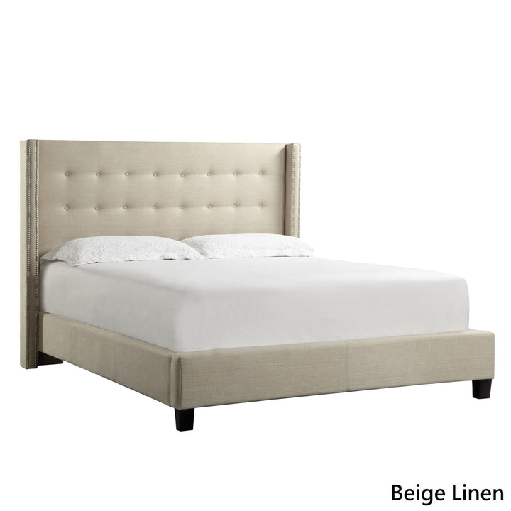 Nailhead Wingback Tufted Upholstered Bed - Beige Linen, Full
