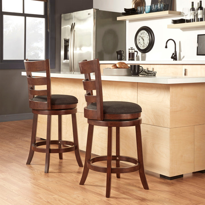 Ladder Back 24"H Swivel Counter Height Stool - Dark Cherry Finish, Dark Grey Linen