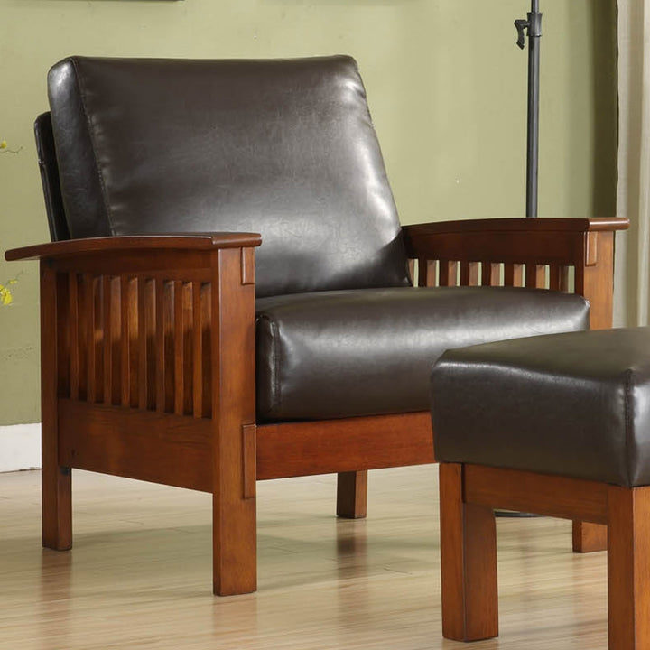 Mission-Style Wood Accent Chair - Dark Brown Faux Leather, Oak Finish