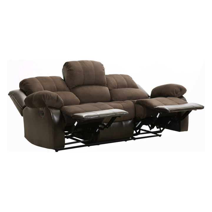 Cranley Chocolate Textured Plush Microfiber & Dark Brown Bi-Cast Vinyl Double Reclining Sofa