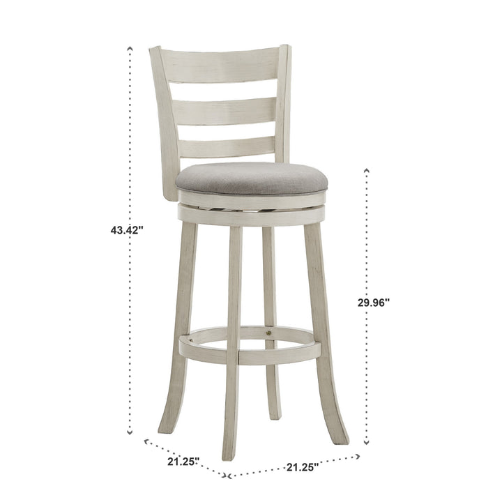 Ladder Back 29"H Swivel Bar Stool - Antique White Finish, Gray Linen