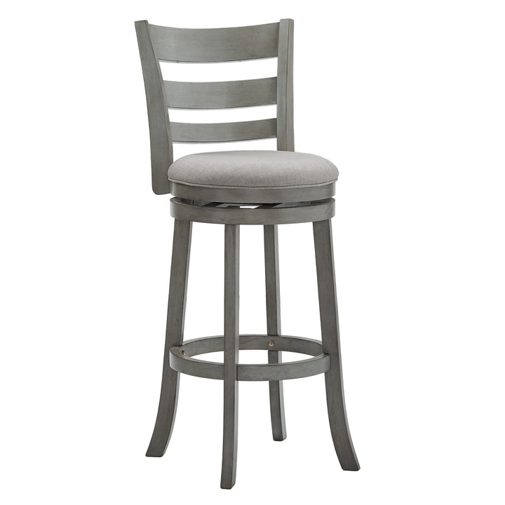 Ladder Back 29"H Swivel Bar Stool - Antique Gray Finish, Gray Linen