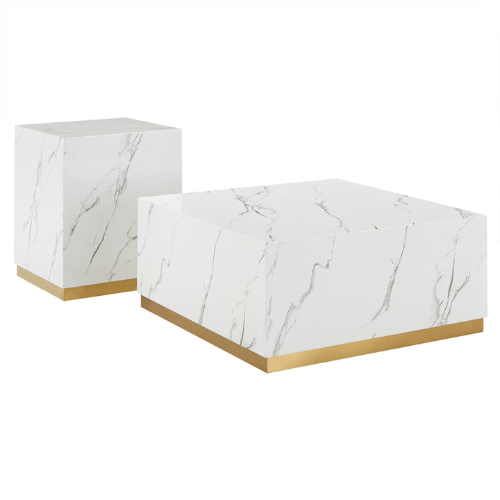 Faux Marble Table with Casters - White, Square, End and Large Coffee Table Set