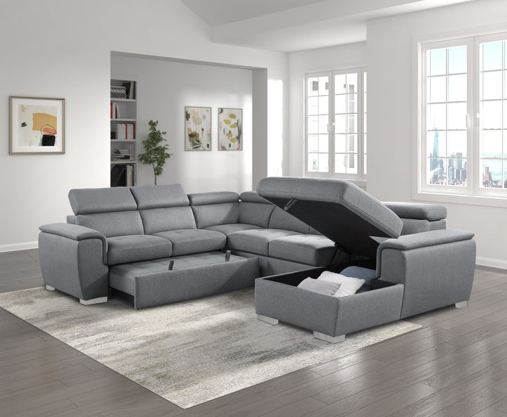 4-Piece Sectional with Adjustable Headrests, Pull-out Bed and Right Chaise with Hidden Storage