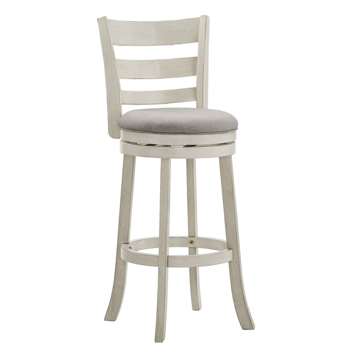 Ladder Back 29"H Swivel Bar Stool - Antique White Finish, Gray Linen