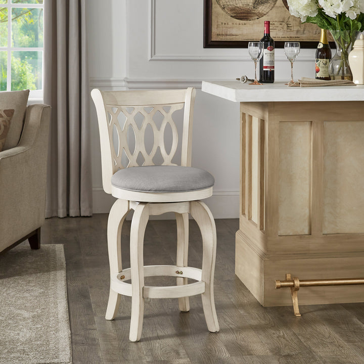 Scroll Back Swivel Stool - 24" Counter Height, Antique White Finish, Grey Linen